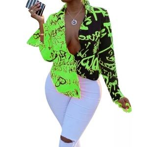 Sexy Green Graffiti Print Blouse